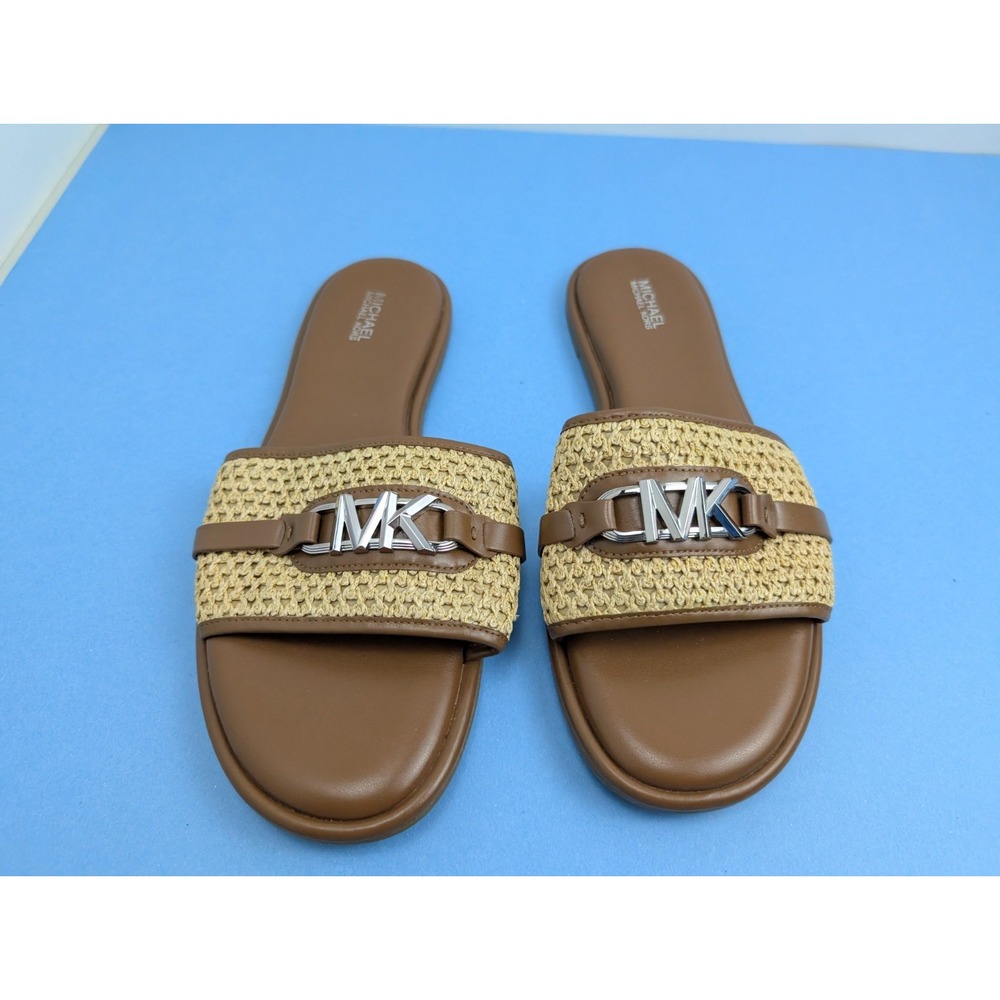 Michael Kors Ember Natural Luggage Woven Logo Slide Sandals Womens 10